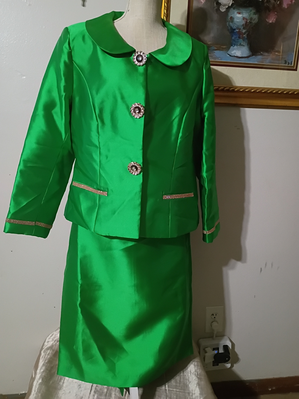 Women's Emerald Green Jewel-Button Blazer and Skirt Set